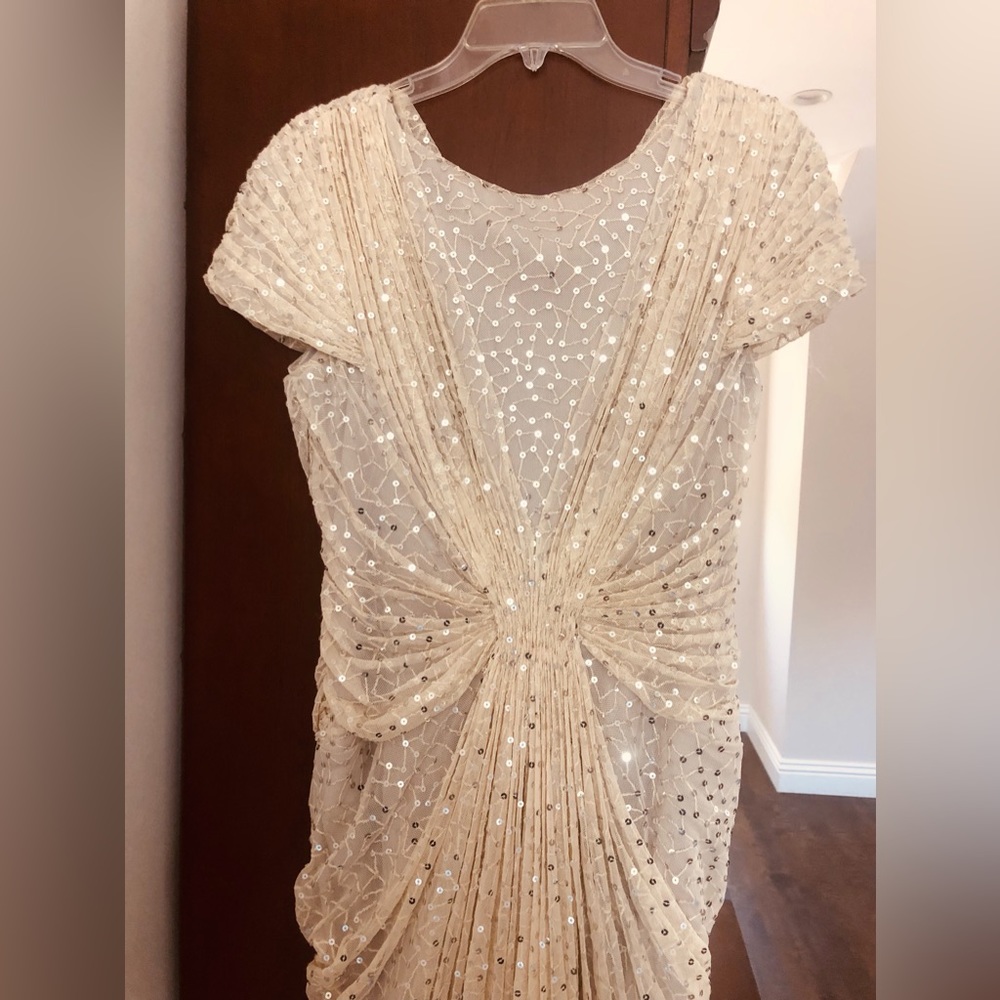 TADASHI Gold evening gown with sequins, work of art